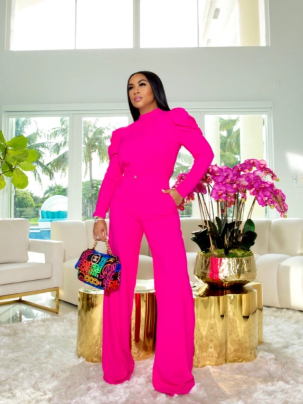 Womens High-Neck Puff-Sleeve Pant Set - Sz XL